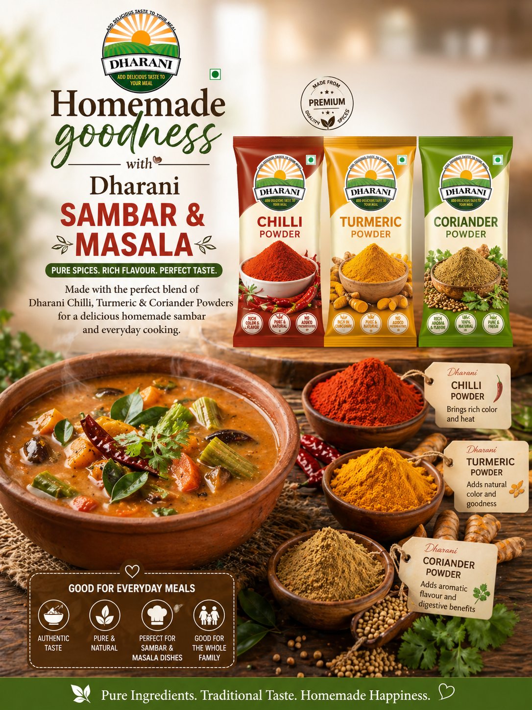 Sambar & Masala – Dharani Chilli, Turmeric & Coriander Powders